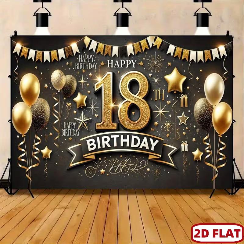 2D 18th Birthday Black Gold Star & Confetti Backdrop for Adult Party