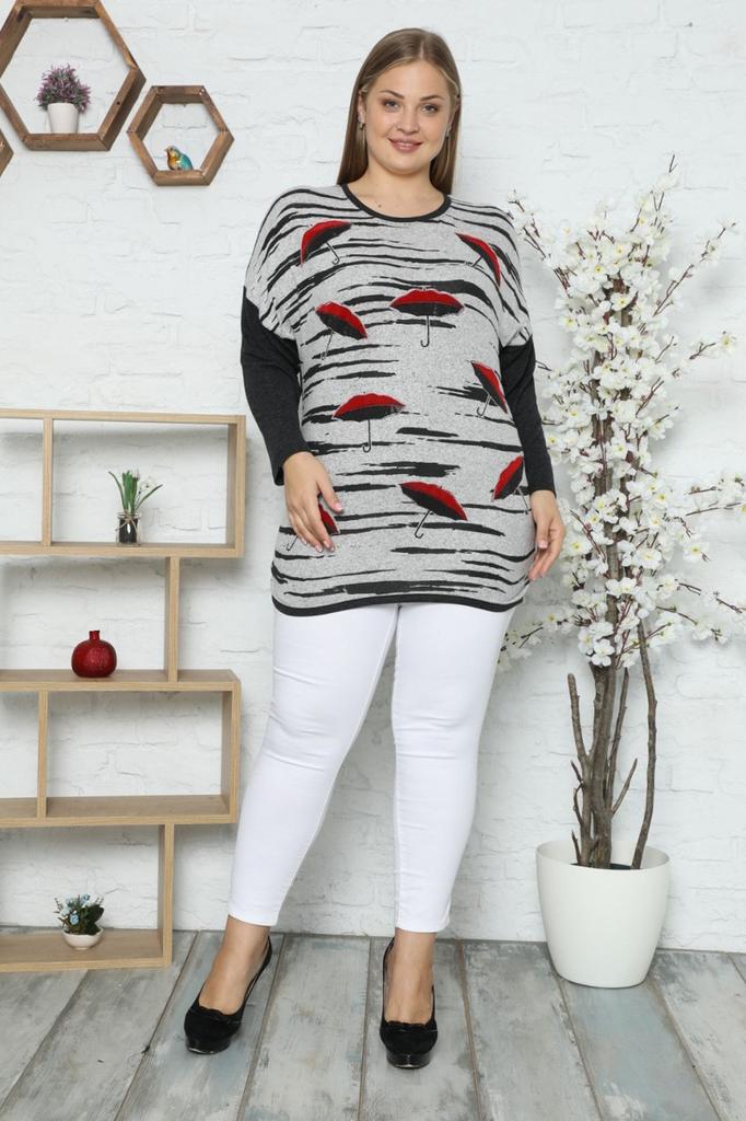 Women's Style Plus Size Tunic Pink Umbrella Patterned Stone Embroidered Long Sleeve Tunic