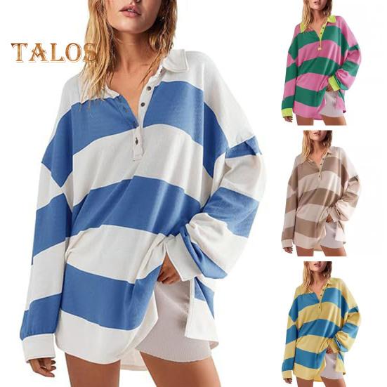 Dammode Färgblockrandig Sweatshirt Nedvikt Krage Lång Ärm Knappar Lös Pullovertopp Casual Hemmakläder Sportkläder