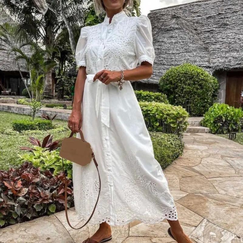 Dámské šaty se šněrováním Letní Elegantní Jednobarevné S Nabíranými Rukávy Maxi Šaty Vestidos Bohemské Letní Šaty Párty Roucho
