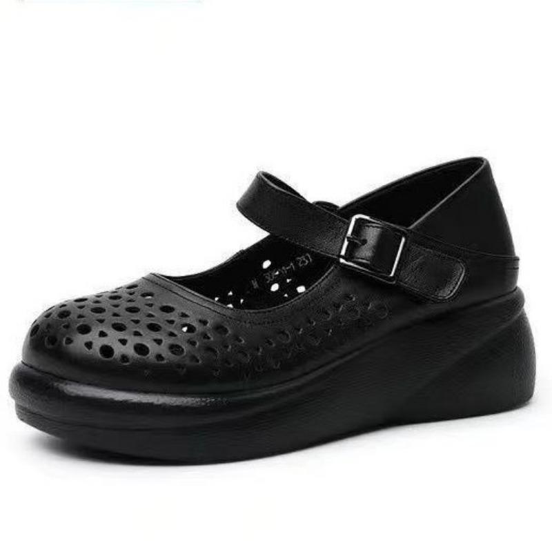 Shallow mouth hole sandals women's spring and summer new muffin thick-soled wedge heel round head elegant retro style soft-soled single shoes