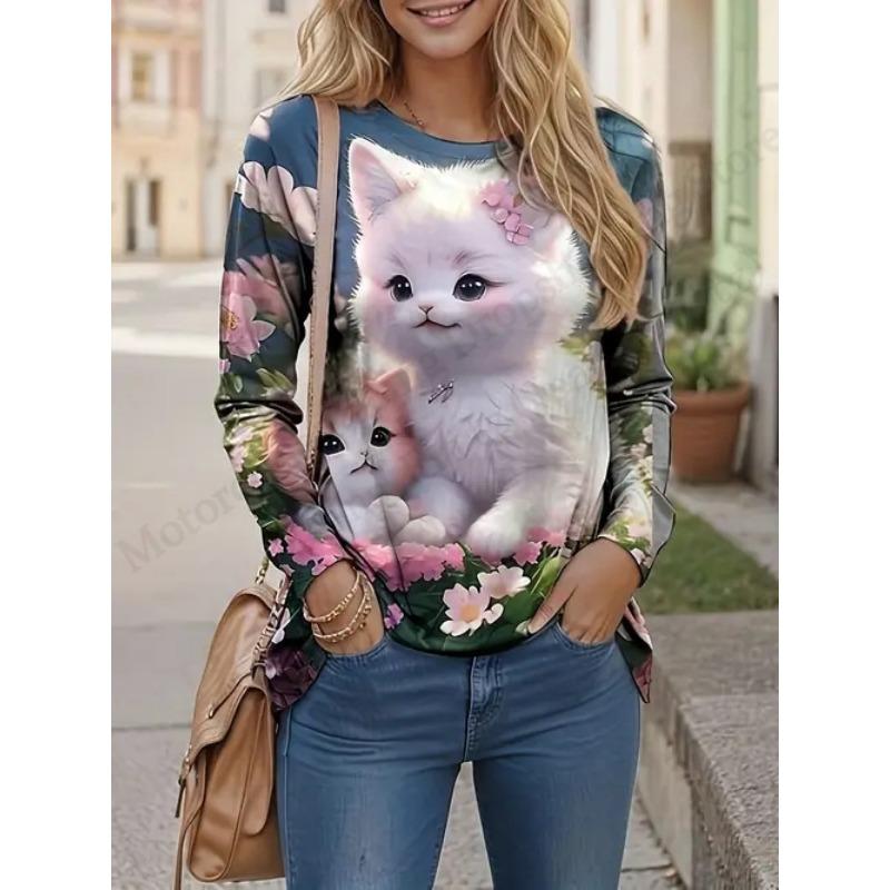 New Cute Cat 3d Print T-Shirt Animal Casual Long Sleeve T-shirt Women's Clothing Fashion Casual Oversized Tops Tees Female