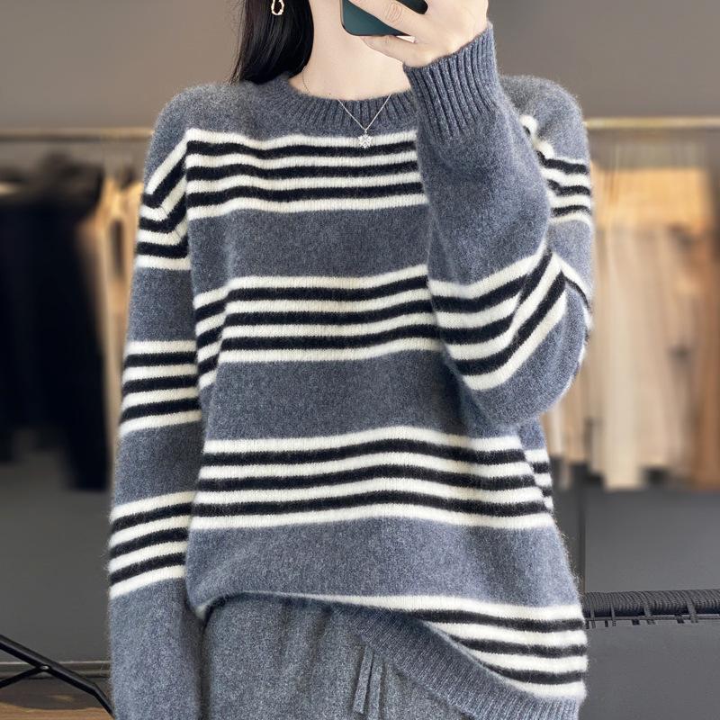 Women's Color Block Striped Knit Sweater: Cotton, Cashmere, & Wool Blend - Casual Autumn/Winter Pullover