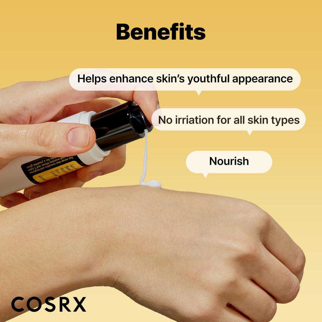 COSRX Snail Peptide Eye a formula containing snail mucus moisturizes and hydrates the reduces and contains 5 ppm and suitable for dry skin and all