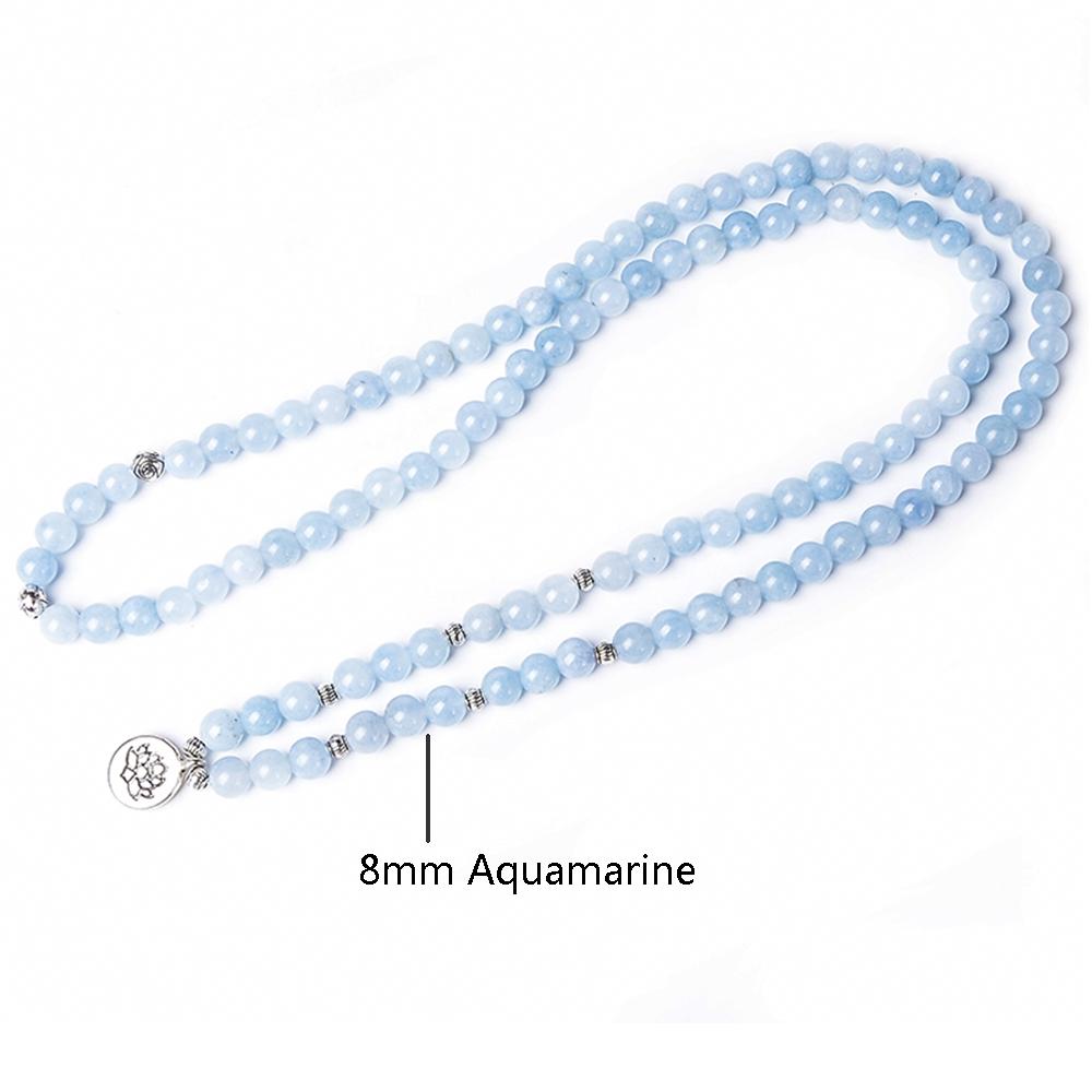 Pulseira de contas Mala 108 Aquamarine de 8 mm Yoga Japamala Rosário Joia com cordão elástico Pulseira enrolável para mulheres