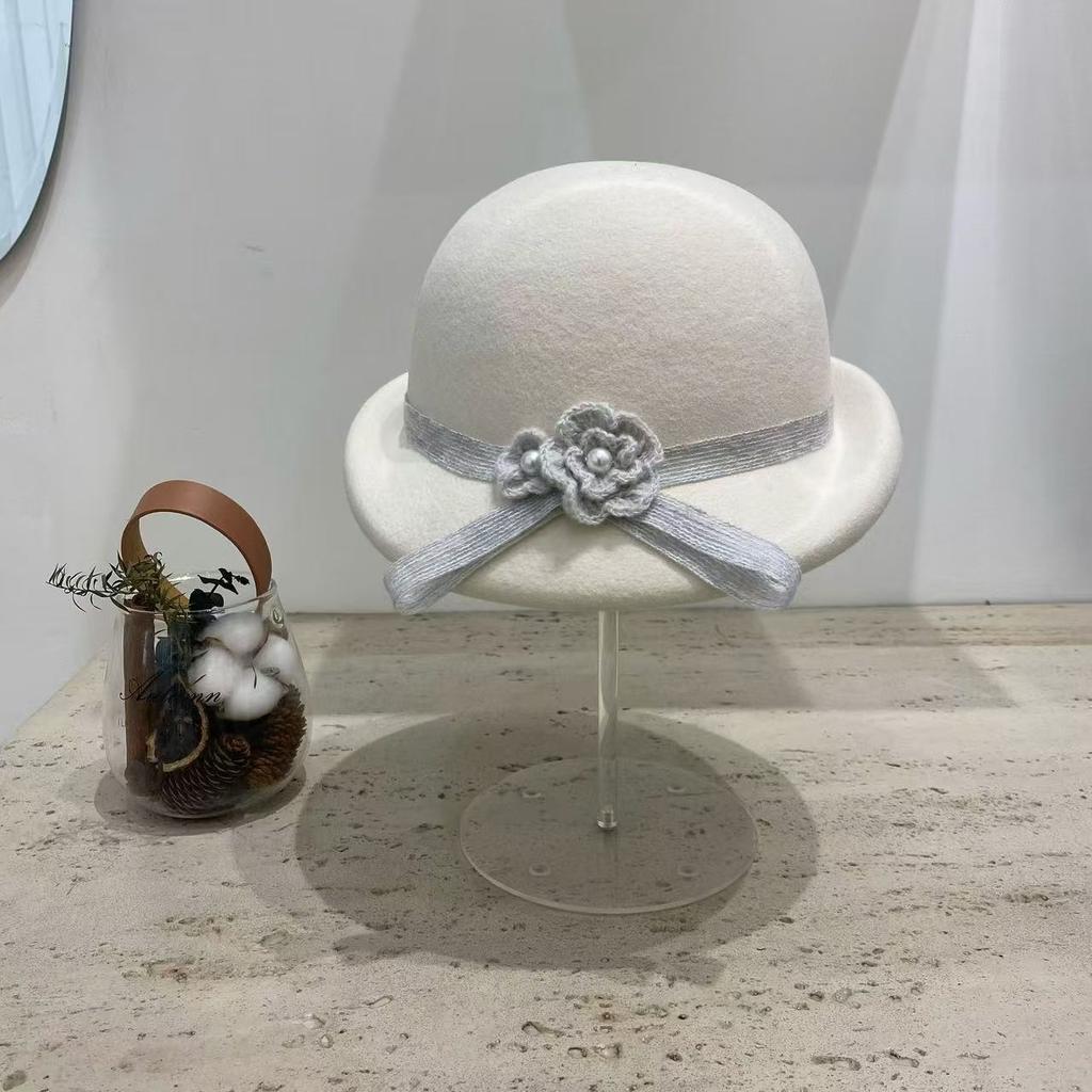 Flower Bow~ Gentle Color Scheme Woolen Bucket Hat Elegant Curling Top Hat Women Autumn And Winter Warmth