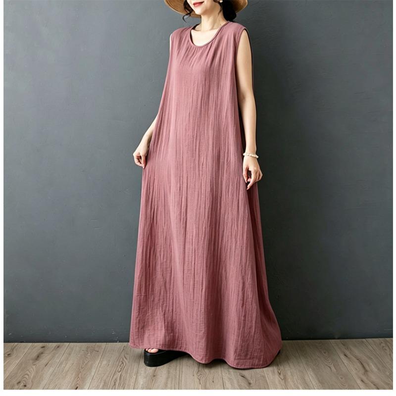 DIMANAF 2026 New Women Plus Size Summer Vintage Lady Long Dress Sleeveless Vest Loose Oversize Maxi Sundress Solid Cotton Linen
