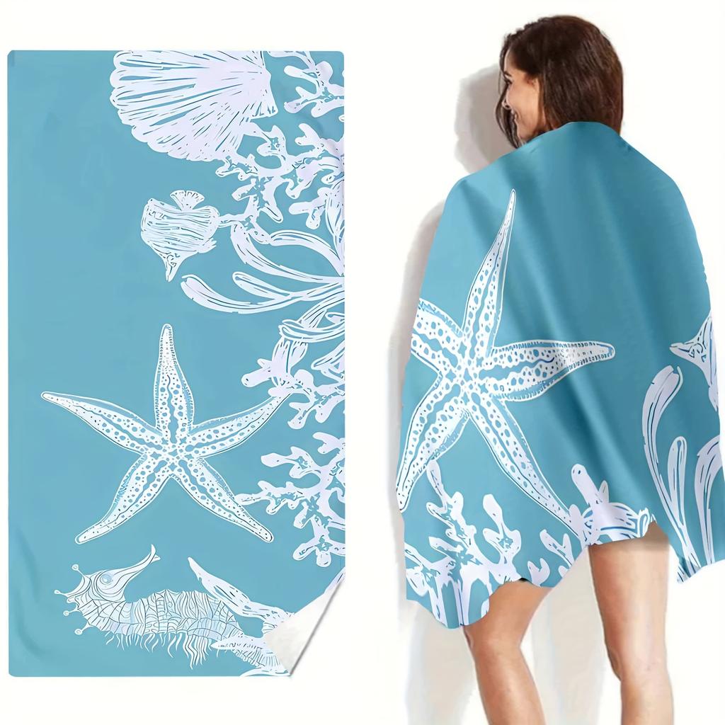 Seaside Starfish and Shells Large Bath Towel - Soft, Absorbent, Perfect for Home and Beach, Coastal Design, Quick-Dry
