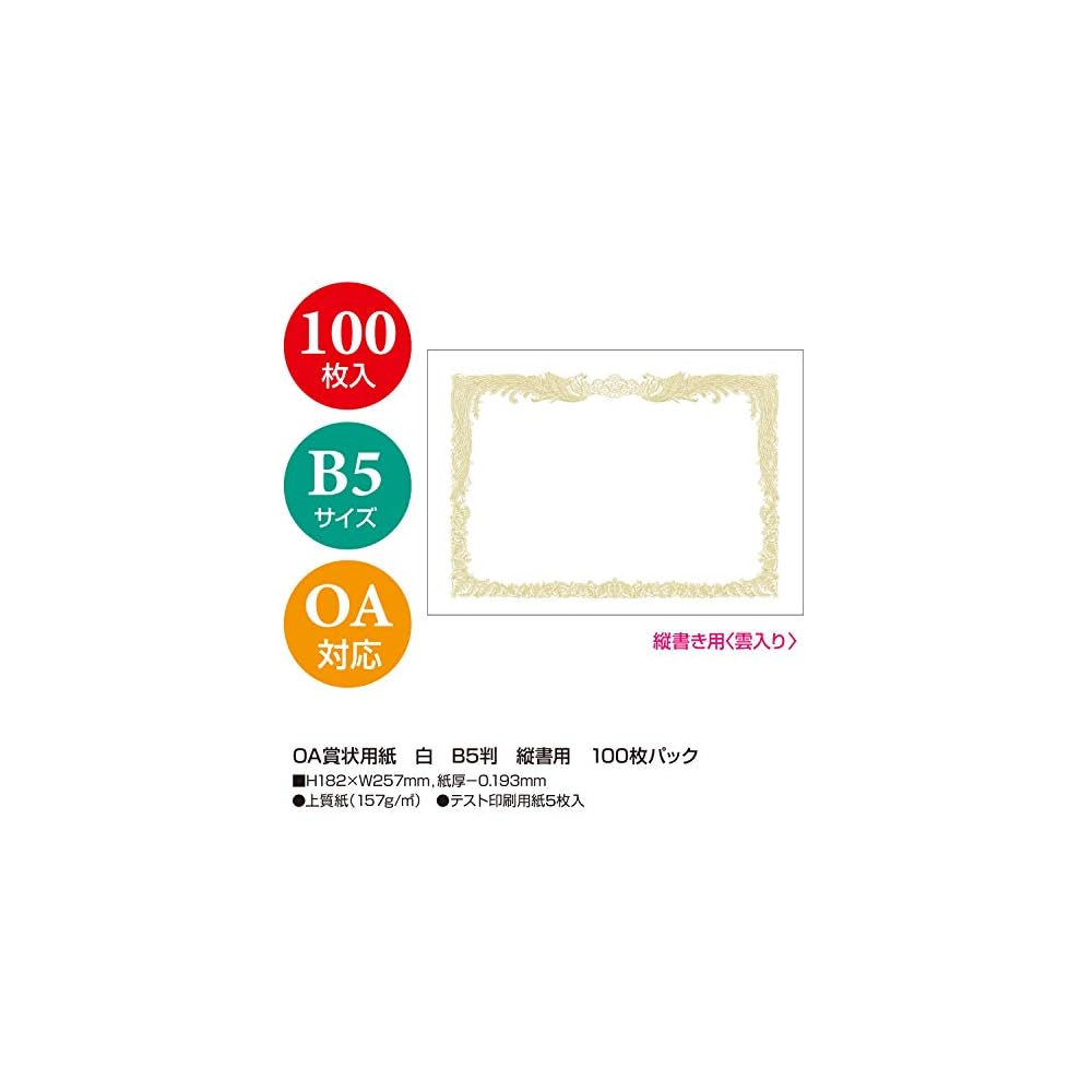 Sasagawa Certificate Paper, Taka-jirushi, OA Compatible, Vertical Writing, White, B5, 100 sheets,