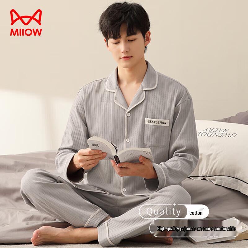 MIIOW Herren Baumwolle Langarm Knopfleiste Pyjama Set