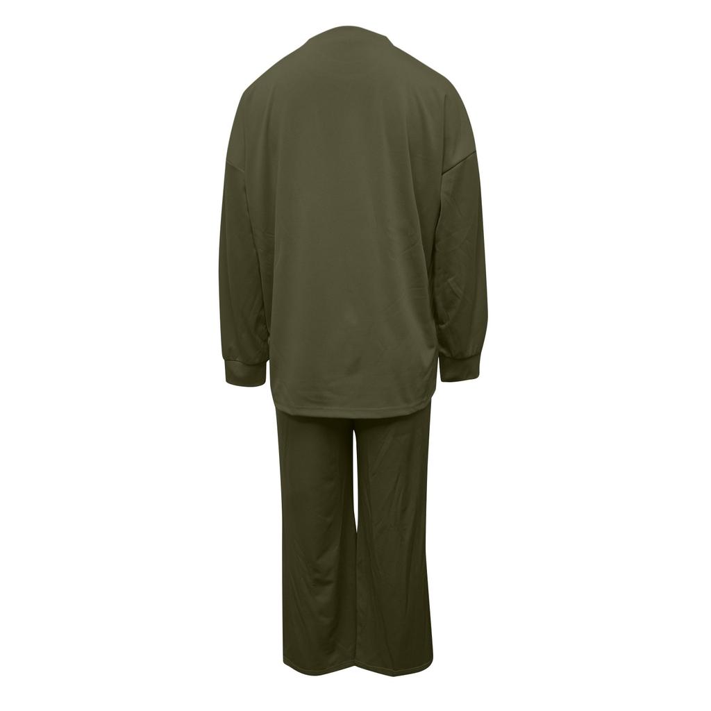 Completo Due Pezzi Moda da Donna a Vestibilità Larga, Colore Unico, Scollo Tondo Spaccato, Maniche Lunghe, Pantaloni Lunghi
