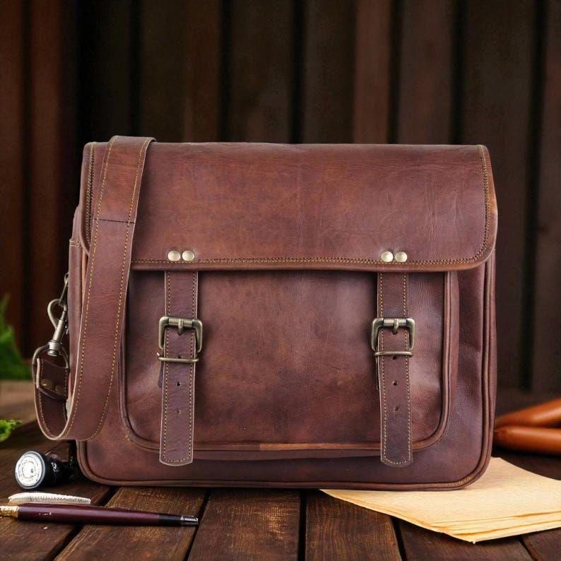 

Handmade Real Leather Laptop Satchel – Protective & Stylish Briefcase for Work, Travel Daily Use 16 x 12 x 5 in