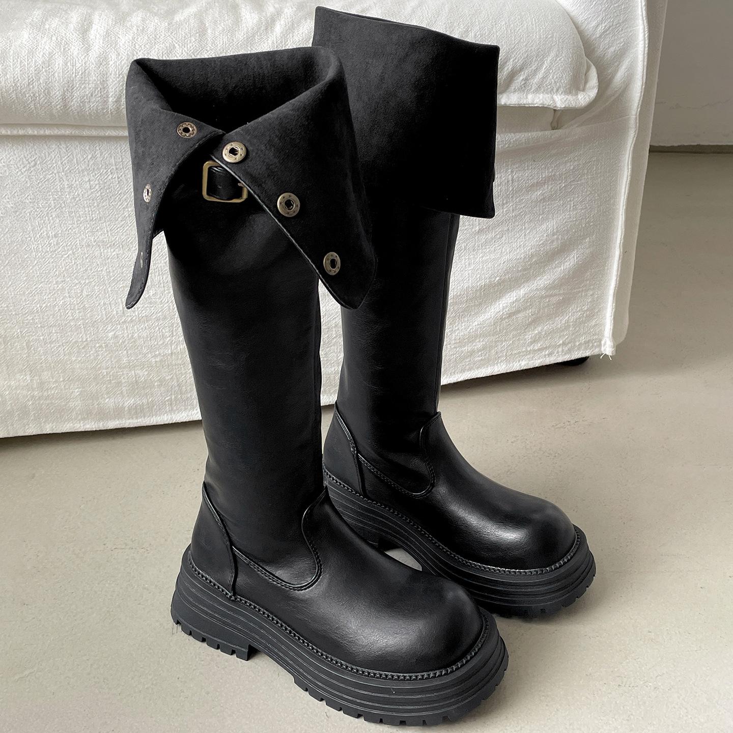 

Черные популярные маленькие мужские ботфорты на толстой подошве, женские 2025 новые осенние универсальные и тонкие рыцарские сапоги 39 чёрный