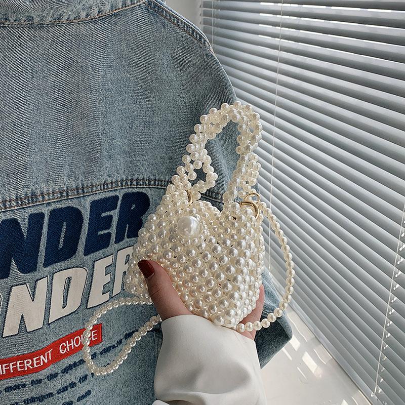 Geantă de damă cu lanț delicat de perle, nouă, de nișă, versatilă, tip poștaș, mini poșetă tricotată cu mărgele