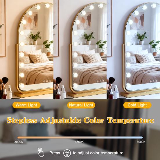 Arch Mirror Vanity with 17 LED Lights, Curved Table Top Makeup Mirror, Anti-Glare Protective Coating Rotatable Base 10x Magnifying Glass, Touch