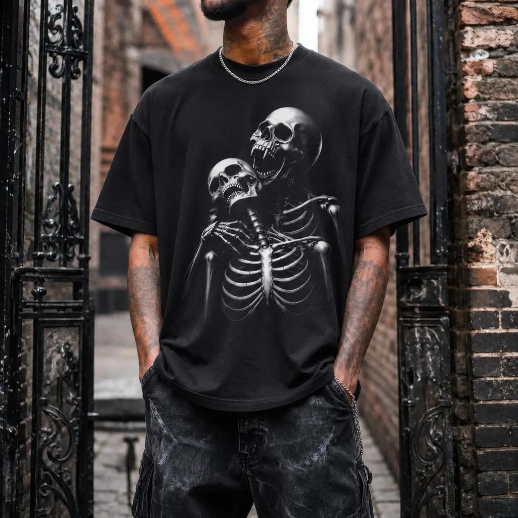 Skeleton T Shirt With Gothic Couple Design Macabre Art Vintage Streetwear Casual Homme Designer Clothes Comfortable