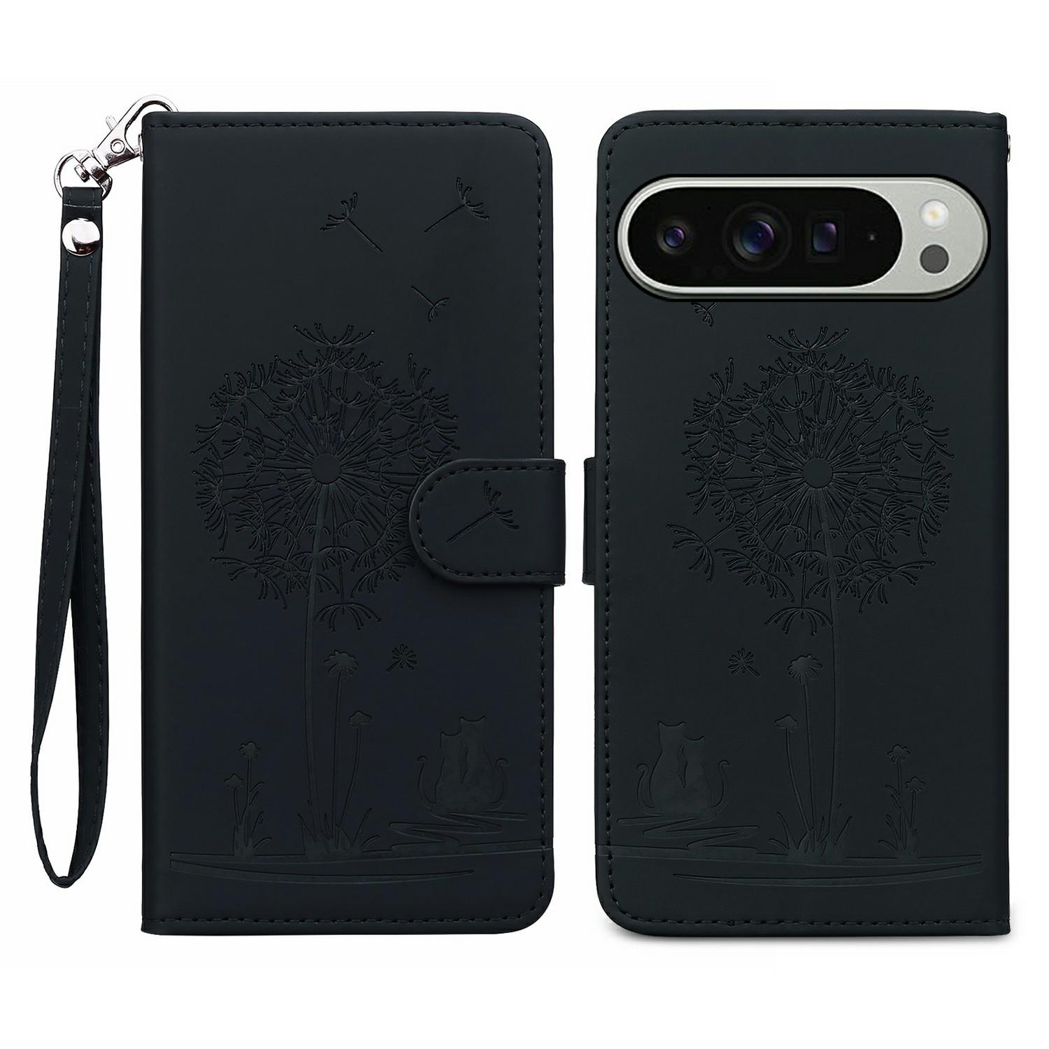 

For Google Pixel 9 Pro XL Case Cat Dandelion Imprint PU Leather Wallet Phone Cover with Strap Black