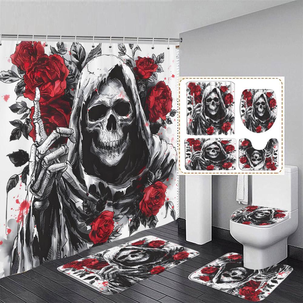 Floral Skull Shower Curtain Set Butterfly Moth Pink Mushroom Flower Skeleton Halloween Home Bathroom Decor Bath Mat Toilet Cover