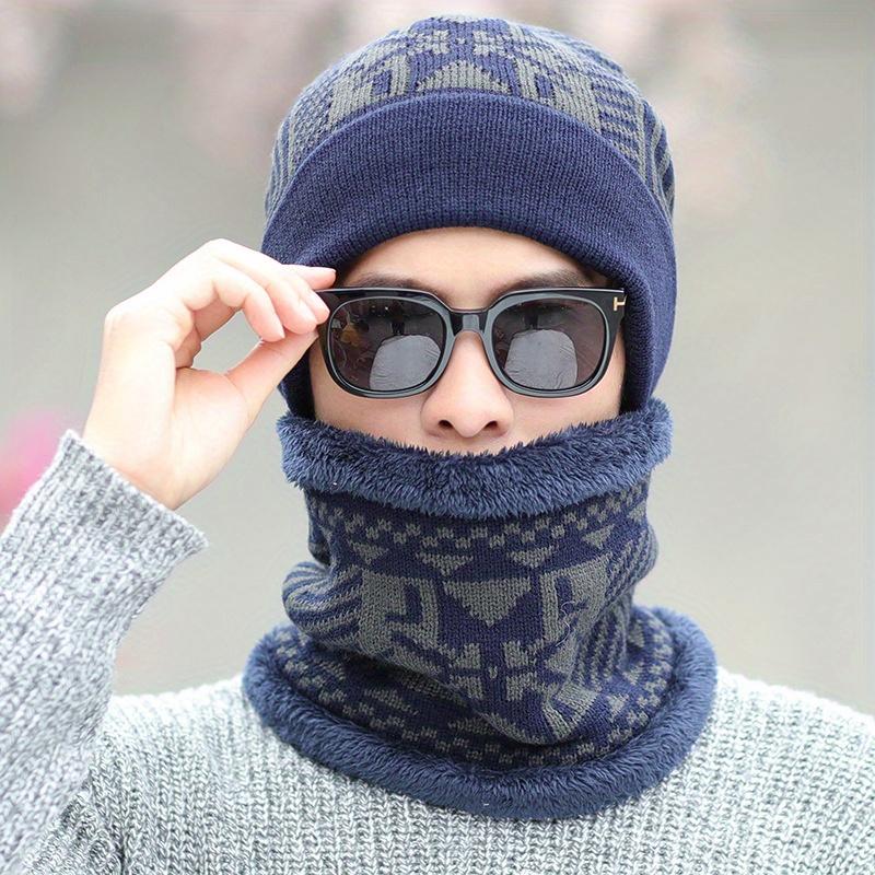 Men's Winter Beanie and Neck Warmer Set Polyester Knitted Hat with Plush Thicken Lining Cold-Resistant Outdoor Cycling Headwear