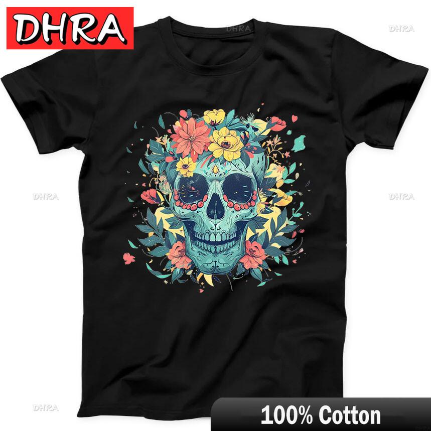 

Floral Skull Flowers Best Seller Funny Gift Tee Black T Shirt Y2K Retro Clothing TShirts for Daily Wear TShirt Femme Youth 4XL