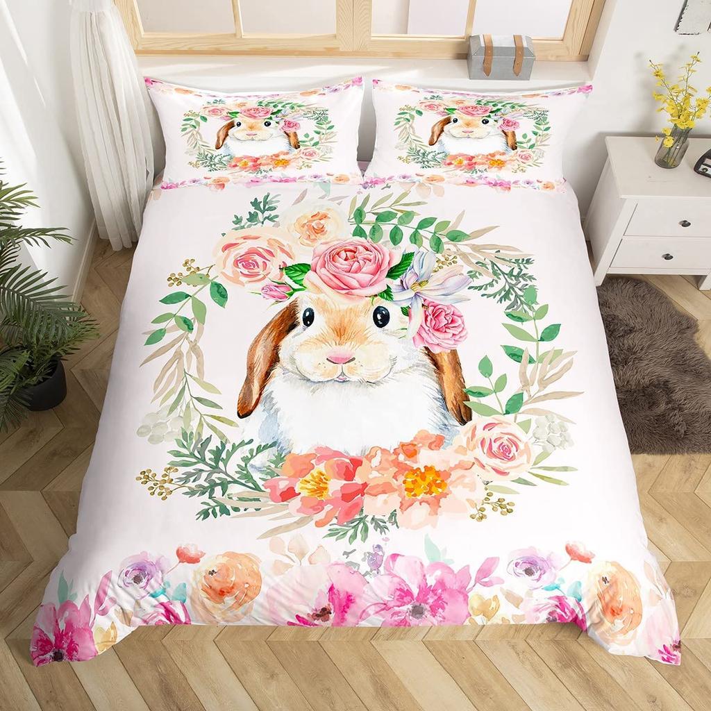 Cute Rabbit Duvet Cover Collection Twin Queen Colorful Flower Bedding Collection Microfiber Botanical Floral Cartoon Animal Comforter Cover