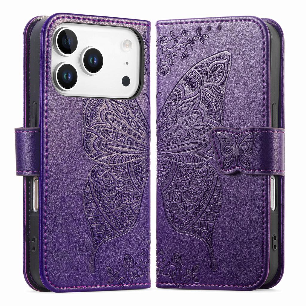 For iPhone 17 Pro Case with Strap Butterfly Pattern PU Leather Wallet Phone Cover