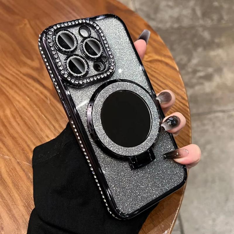 Diamond Glitter For Magsafe Bracket Phone Cases For iPhone 17 16 15 14 13 12 11 Pro Max Air Mirror Magnetic Holder Stand Cover