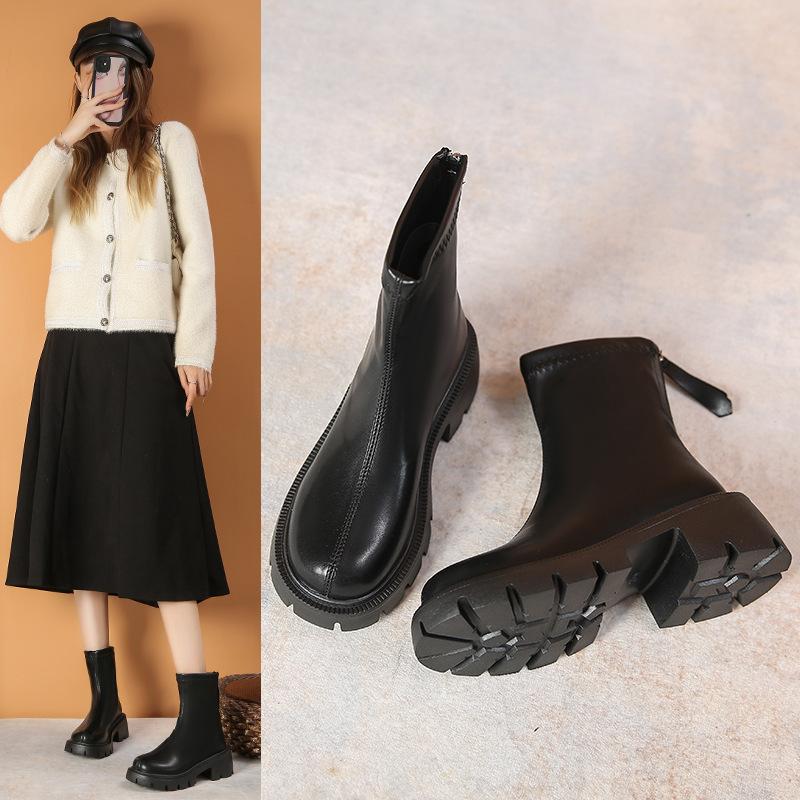thick-soled Martin boots women's new spring and autumn single boots rear zipper round head thick heel thin short boots