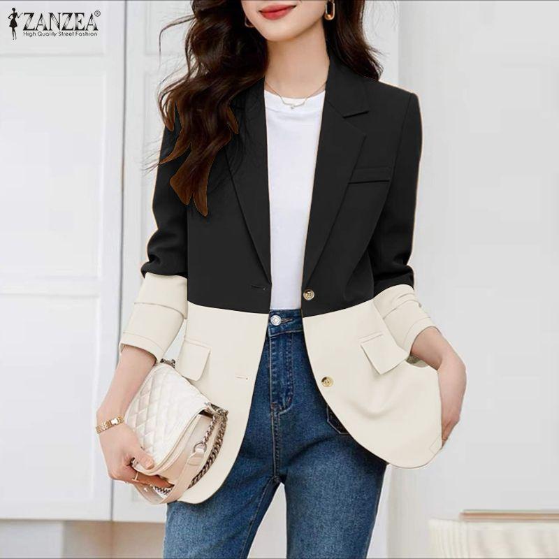 ZANZEA Women Casual Turn Down Collar Long Sleeve Patchwork Thin Cardigan Blouse