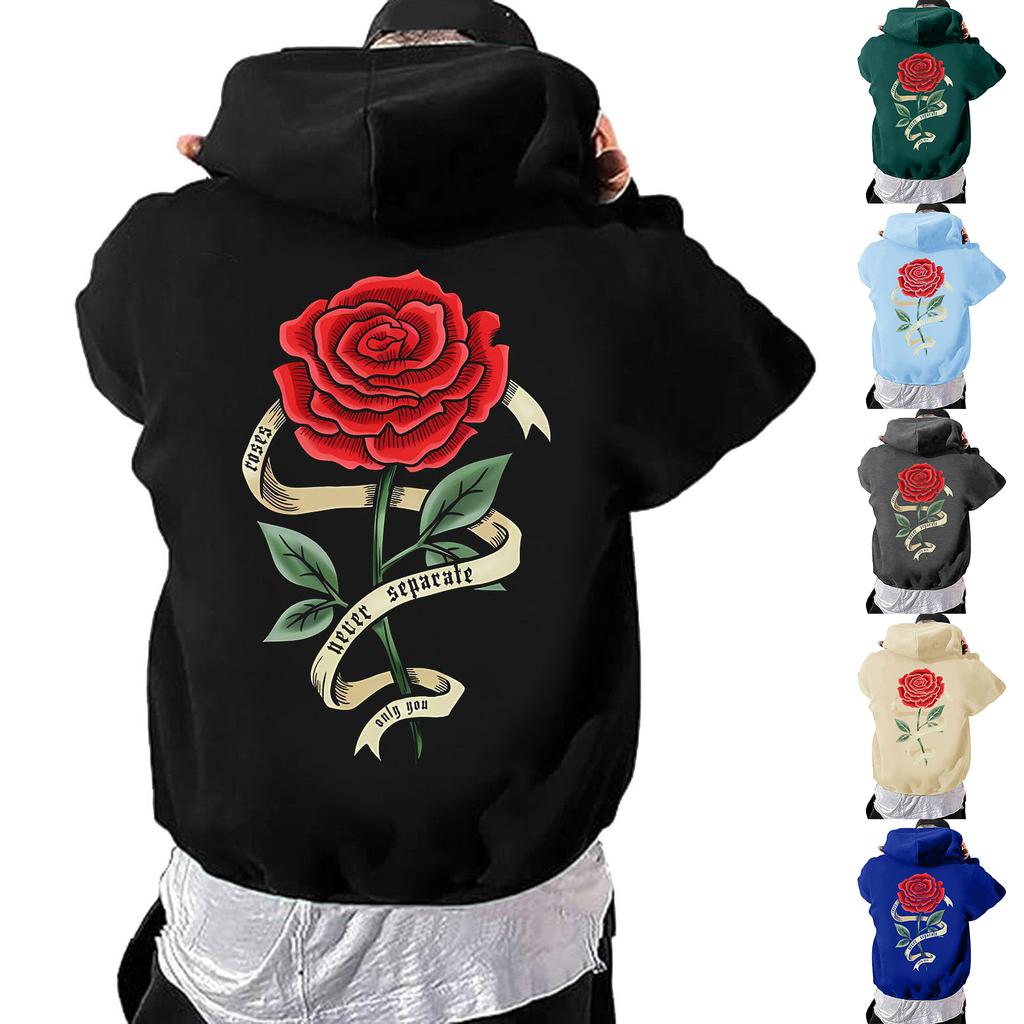 Unisex Long Sleeve Rose Print Pullover Hoodie with Front Pocket for Everyday Wear