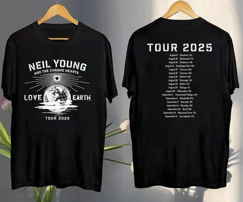 Unisex Shirt Cotton Oversize Large Size NEW!!! Neil Young Love Earth Tour 2025 Fan Made Reprint 2-sides T-Shirt