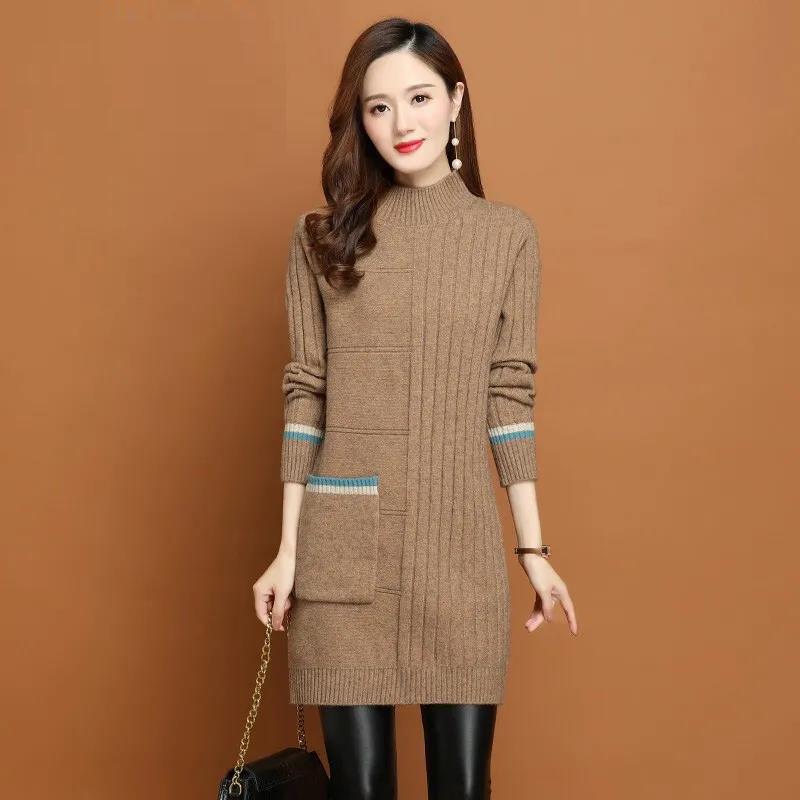 Half Turtleneck Solid-color Knitted Sweater for Women Thickened Sweater Loose Mid-length Pullover Autumn and Winter