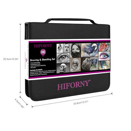 HIFORNY Drawing & Sketching Set, Professional Art Supplies: Graphite, Charcoal, Color, Watercolor, and Metallic Pencils, Blending Tool, Sketchbook, Co