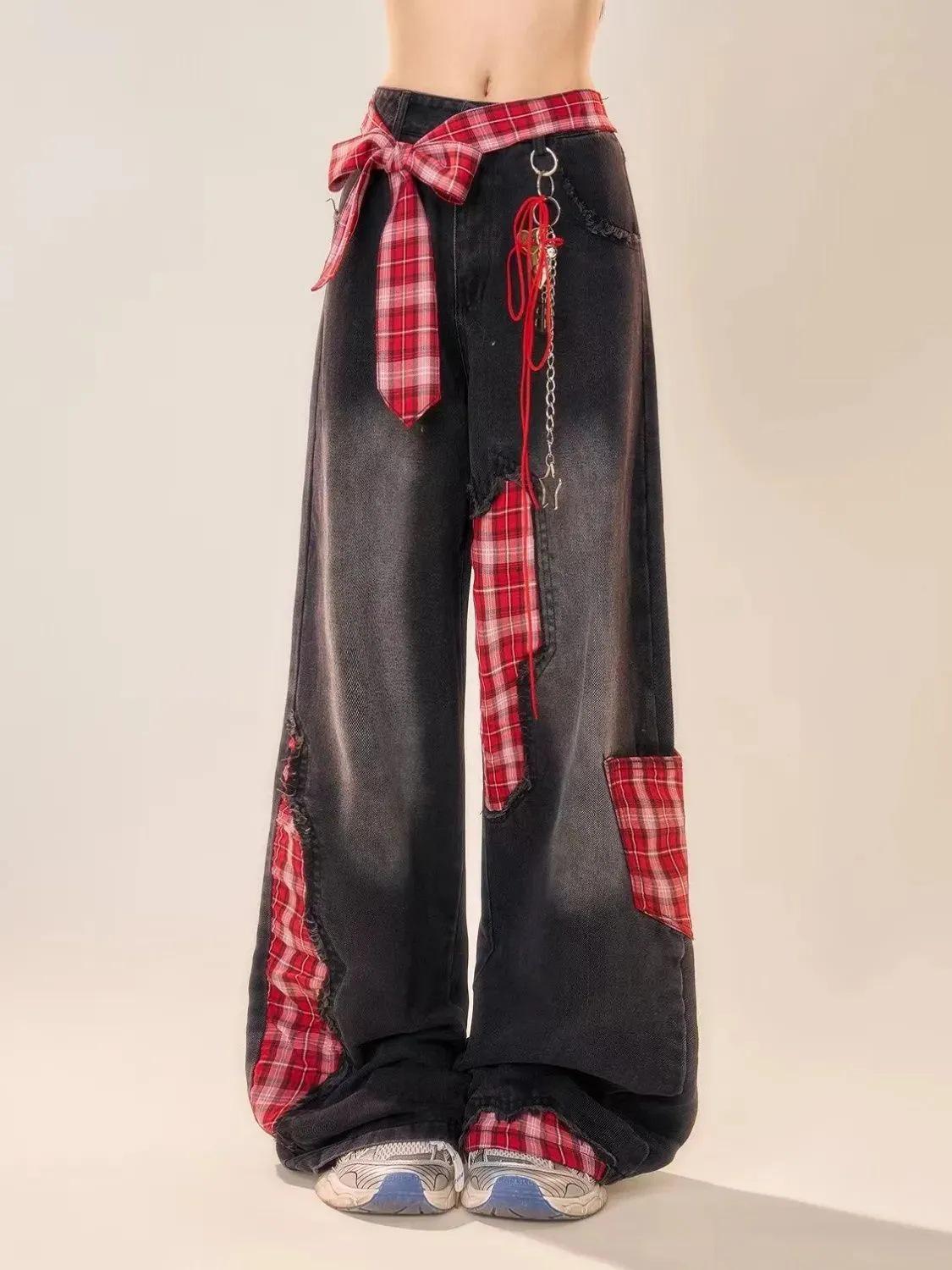 

Джинсы пэчворк с высокой талией и широкими штанинами в красную клетку для женщин, 2025: Свободный, Прямой, Длина до пола 2XL