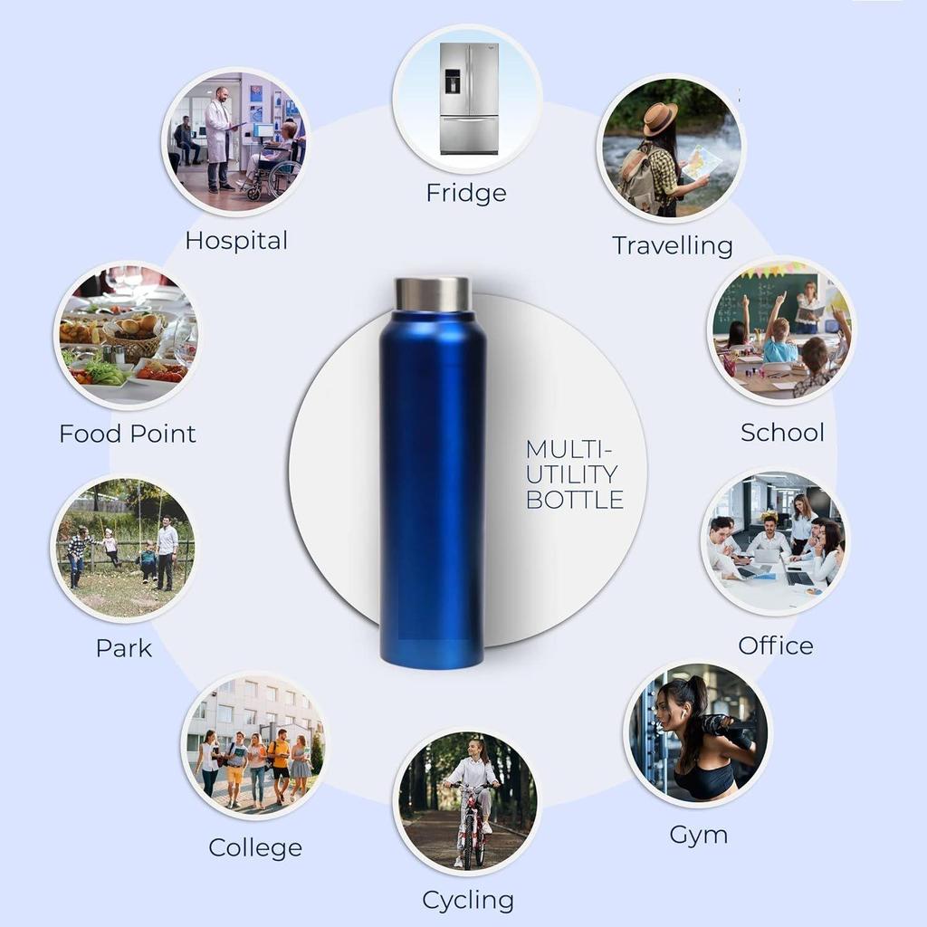 Stainless Steel Water Bottle 1 Ltr For Kids, Boys, Girls, 1 Litre Bottles for Gym, Fridge Use, School & Office (Steel Cap - Set of 3, Dark Blue)