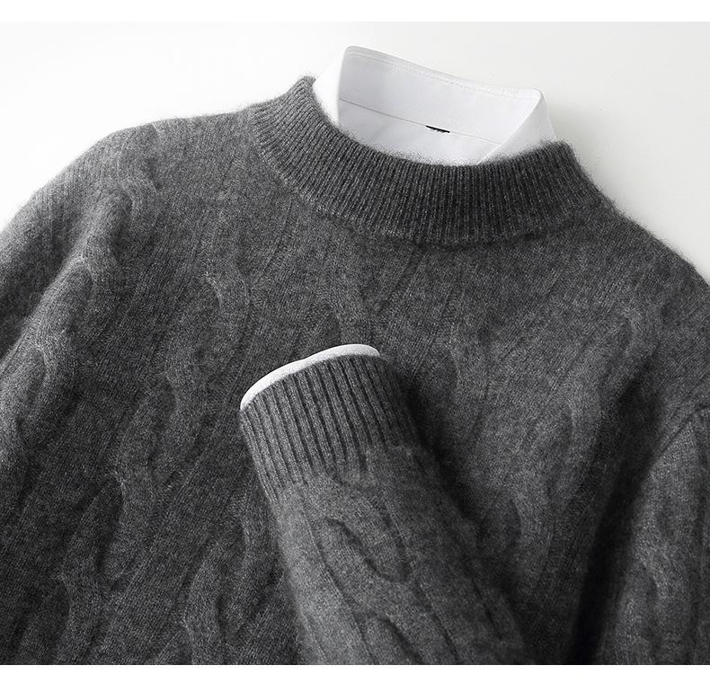 Herren Pullover aus 100% reiner Wolle, Zopfmuster, Rundhalsausschnitt, Kaschmir - High-End Business Casual Pullover