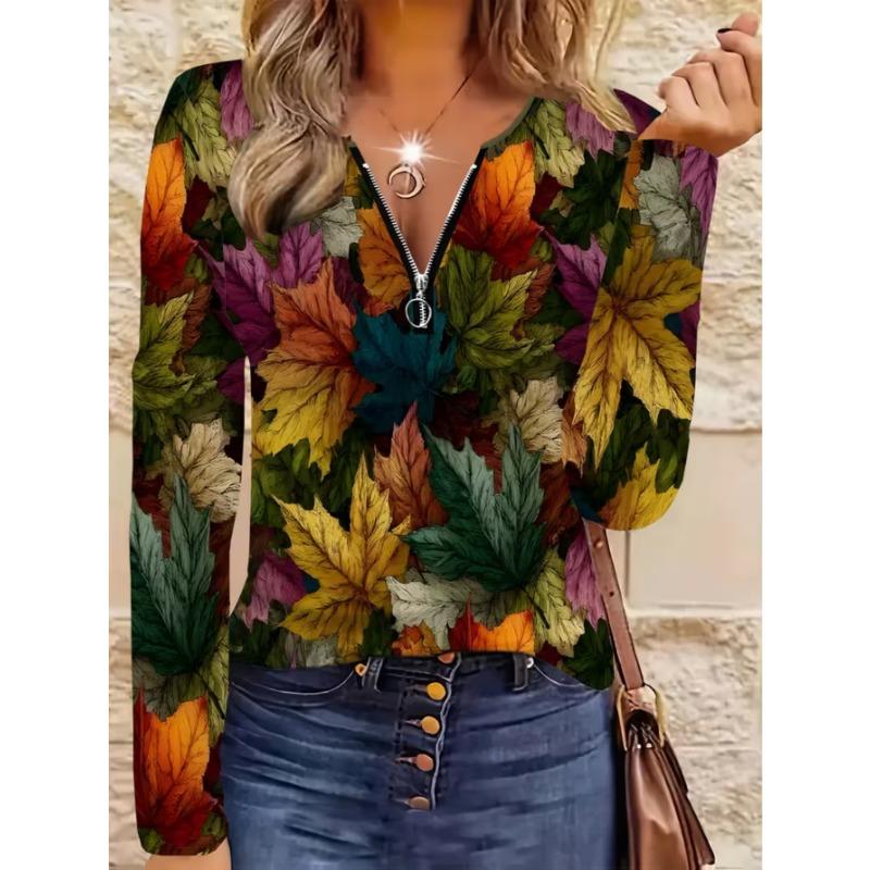 Top da donna elegante con cerniera e stampa a maniche lunghe, alla moda e versatile per l'abbigliamento casual e da ufficio autunnale e invernale, lavabile in lavatrice