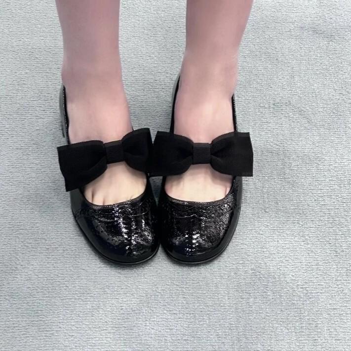 Sheepskin version~ miu style bow genuine leather Mary Jane single shoes women's engraved thick heel high heels small leather shoes ladyshoes