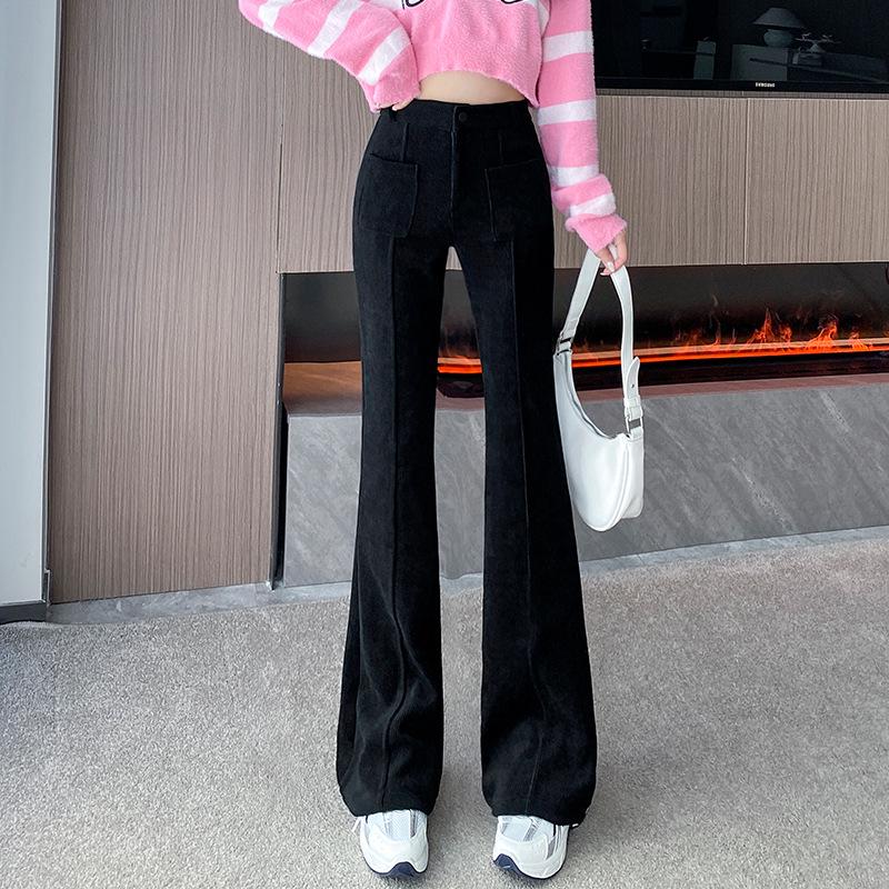 2024 Autumn/Winter High-Waist Corduroy Flared Pants: Plus Velvet, Thickened, Slimming, Casual Korean Style