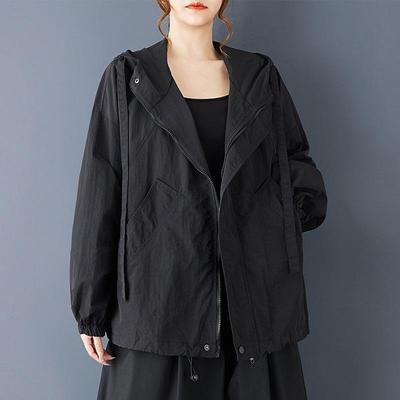 Plus Size Vintage Black Hooded Jackets for Women Outerwear Causal Loose Spring Autumn Jacket Coat