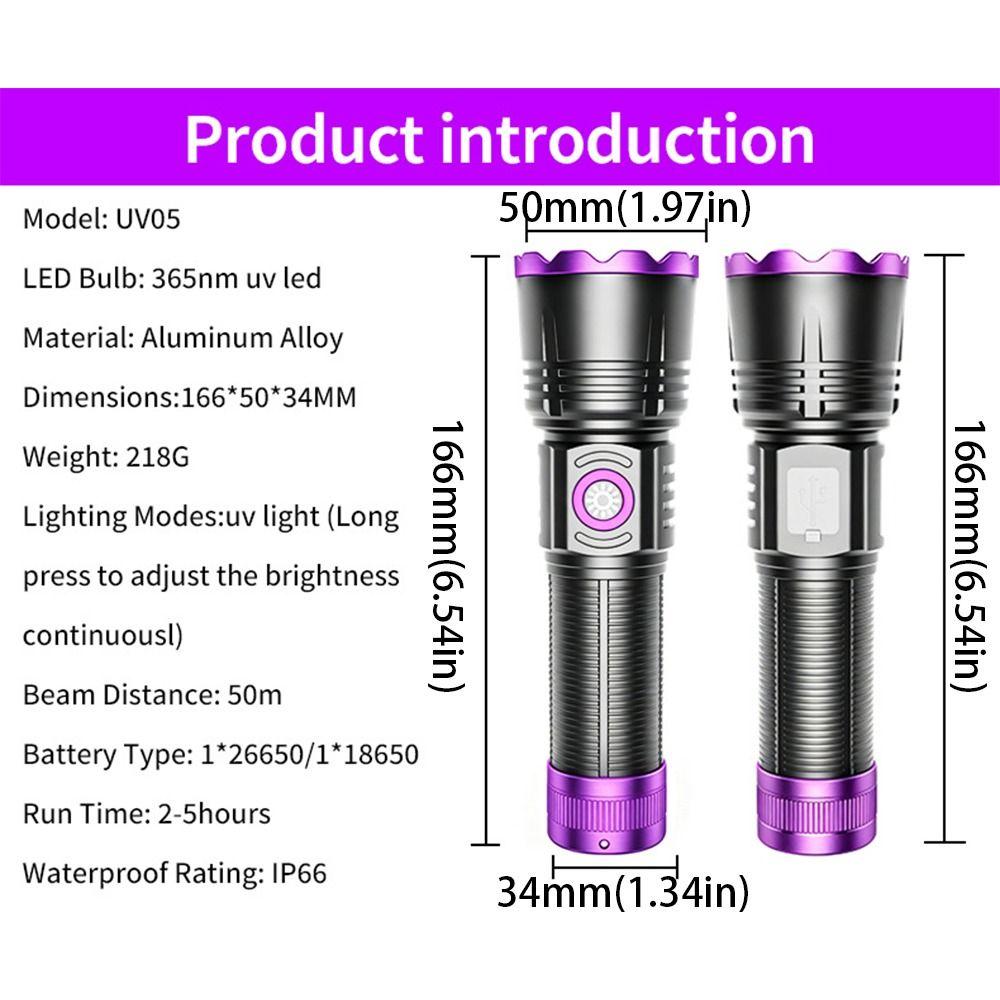 Rechargeable Blacklight LED Flashlight Shortwave UV Flashlight Lamps 365nm UV Flashlight  Camping