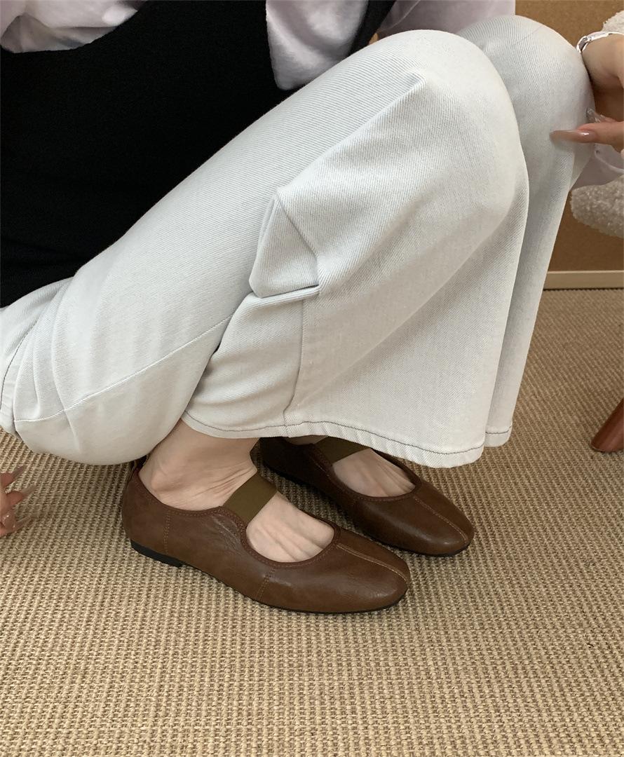 

Spot version~ Niche leather square head flat bottom Mary Jane single shoes women s word with loafer small leather shoes ballet shoes 39 коричневый
