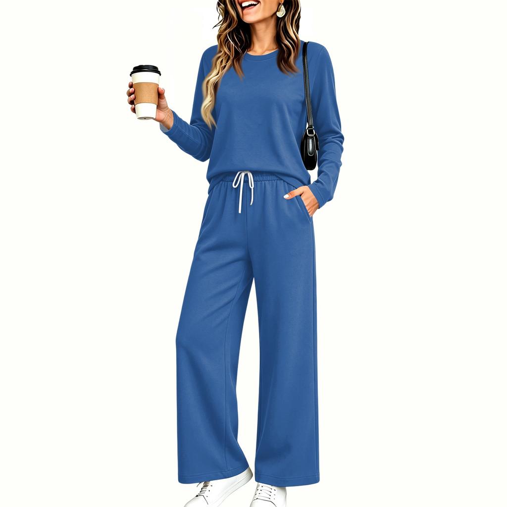 Women's Pajama Set with Pockets, Long Sleeve Round Neck Loose Fit Sleepwear for Home