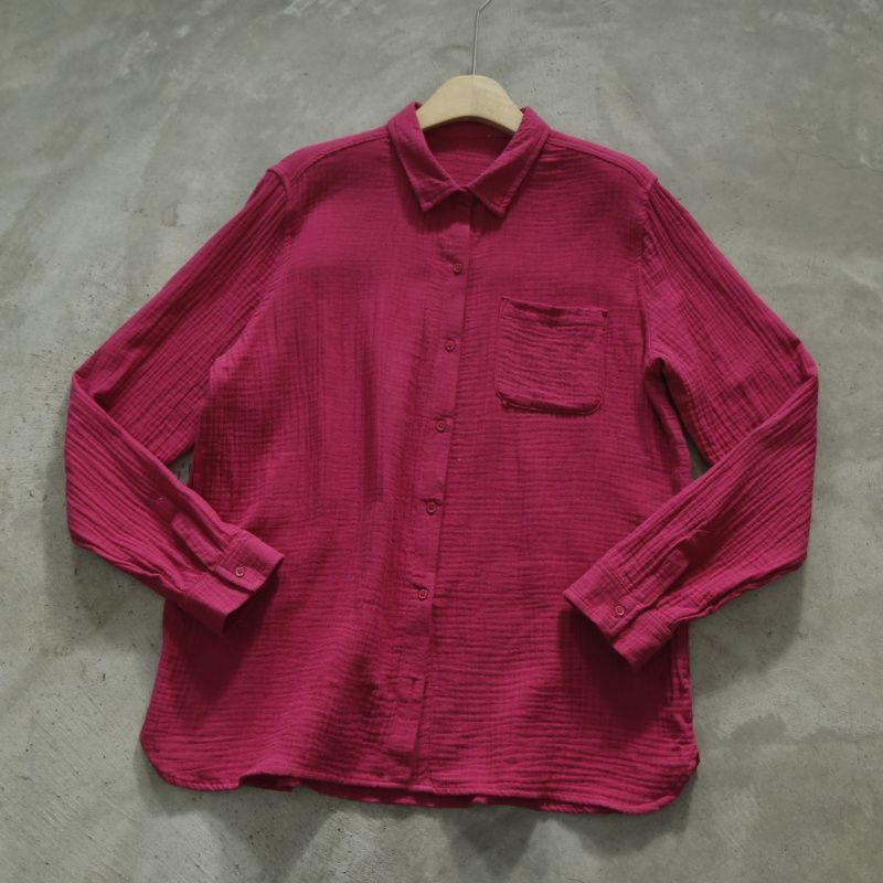 

European Sheet Pure Original Nine XI Women s Casual Shirt Idle Style Loose Women s Ruched Cotton Yarn Pure Cotton Long Sleeves Shirt Rose Red M