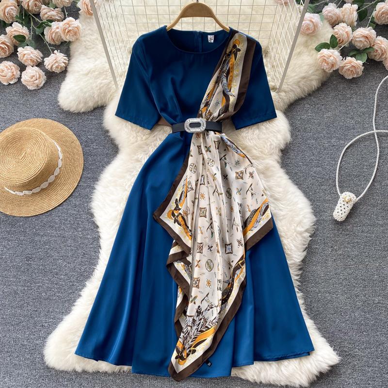 

RUGOD Новое летнее платье, дизайнерское, с французским темпераментом, с принтом на талии, длинное платье средней длины с рюшами, женское