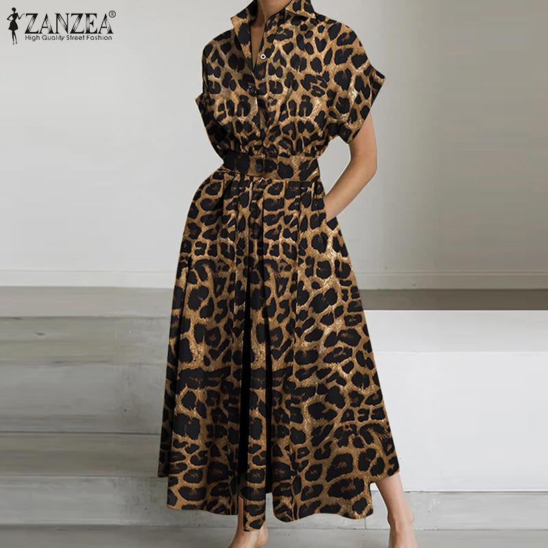 ZANZEA Women Casual Turn Down Collar Summer Short Sleeve Leopard Print Dress