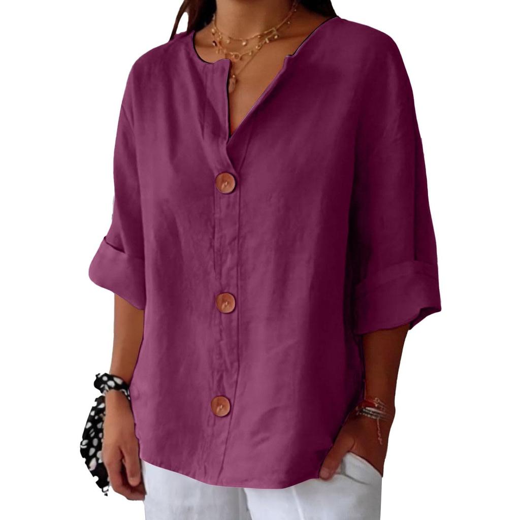 Women's Fashion Casual V-Neck Buttoned Seven-Point Sleeve Cotton T-Shirt Top