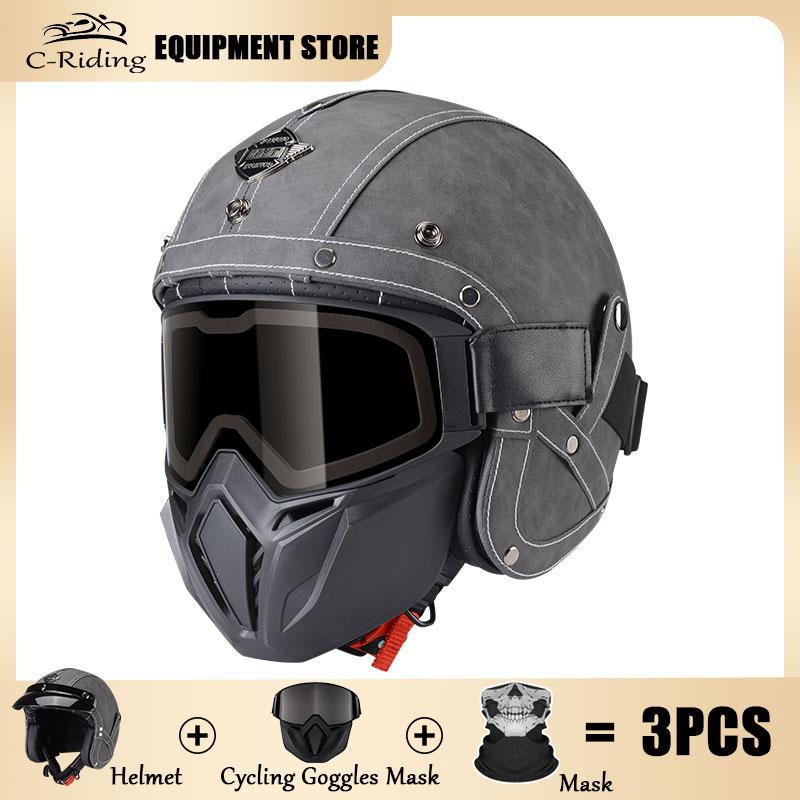 Vintage Brown Leather Helmet Summer Cruise Motorcycle Jet Helmet Men and Women Motorbike Riding Half Helmets Cascos Para Motos