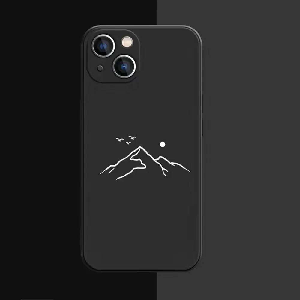 Line Mountain Scenery Phone Case for IPhone 16 15 Pro Max 13 12 11 XS MAX X 7 8 14 Plus Shockproof Simple Sun Moon Couples Cover