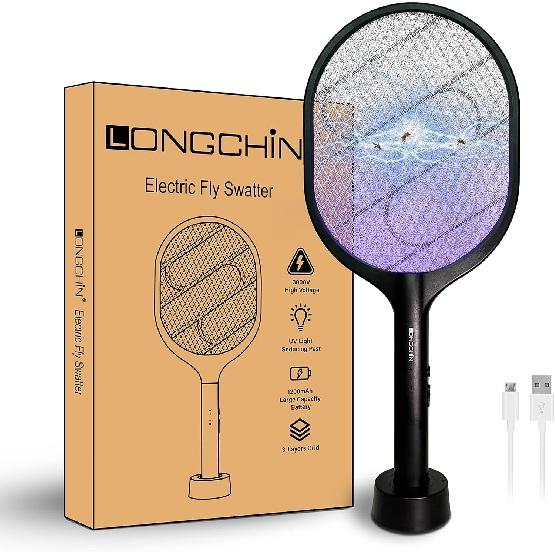 

Ракетка Bug Zapper, перезаряжаемая от USB электрическая мухобойка с аттрактантом синего света для дома и; На открытом воздухе, 3000 В, большой размер (черный) чёрный